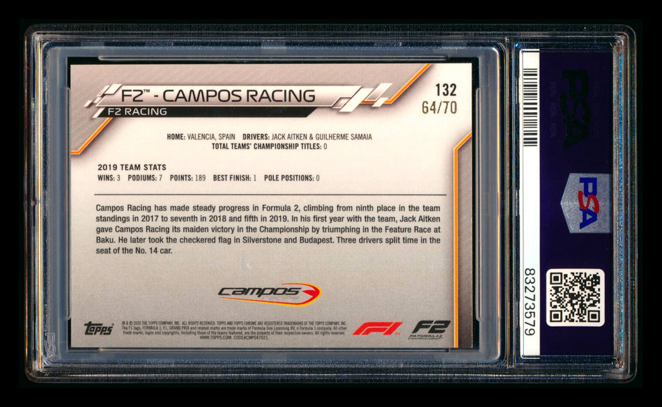 2020 Topps Chrome Sapphire F1 #132 Campos Racing Team Logo RC 70th Anniversary Silver Refractor #64/70 PSA 8
