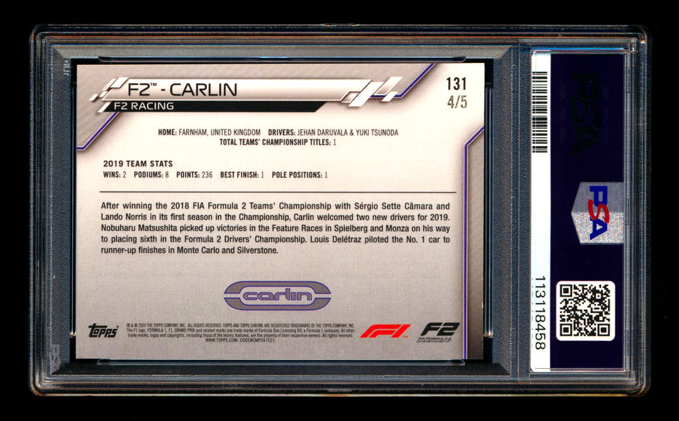 2020 Topps Chrome Sapphire F1 #131 Carlin Team Logo RC Red Refractor #4/5 PSA 8