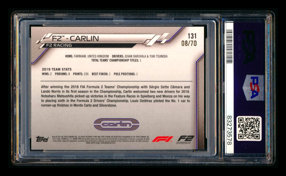 2020 Topps Chrome Sapphire F1 #131 Carlin Team Logo RC 70th Anniversary Silver Refractor #08/70 PSA 8