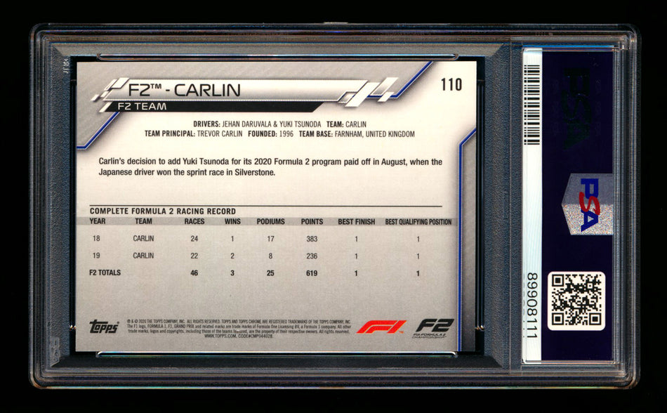 2020 Topps Chrome F1 #110 Carlin RC 70th Anniversary Gold Refractor PSA 8 ** (SOLD - $20.00 - 9/27/2025) **