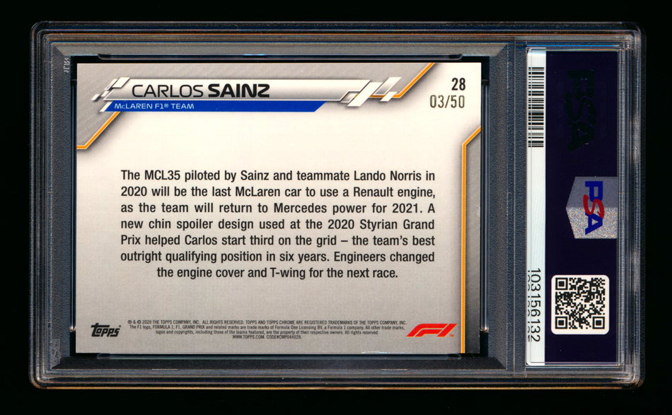 2020 Topps Chrome F1 #28 Carlos Sainz RC Gold Wave Refractor #03/50 PSA 8 ** (SOLD Nationals - $45.00 - 8/1/2025) **