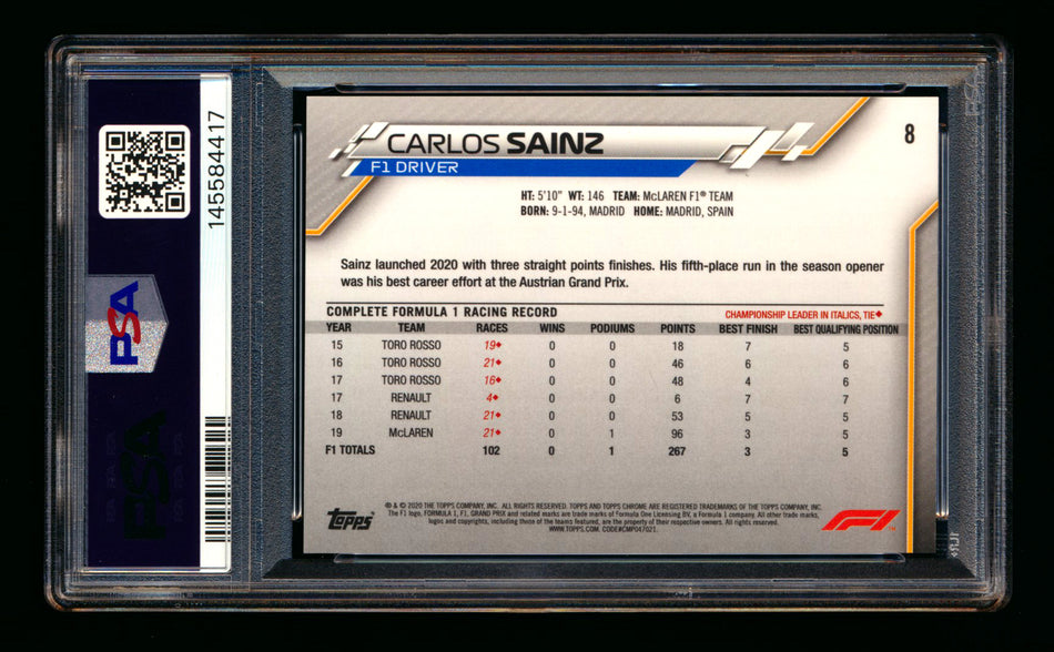 2020 Topps Chrome Sapphire F1 #8 Carlos Sainz RC Refractor Portrait PSA 10 ** (SOLD eBay - $95.00 - 5/10/2026) **