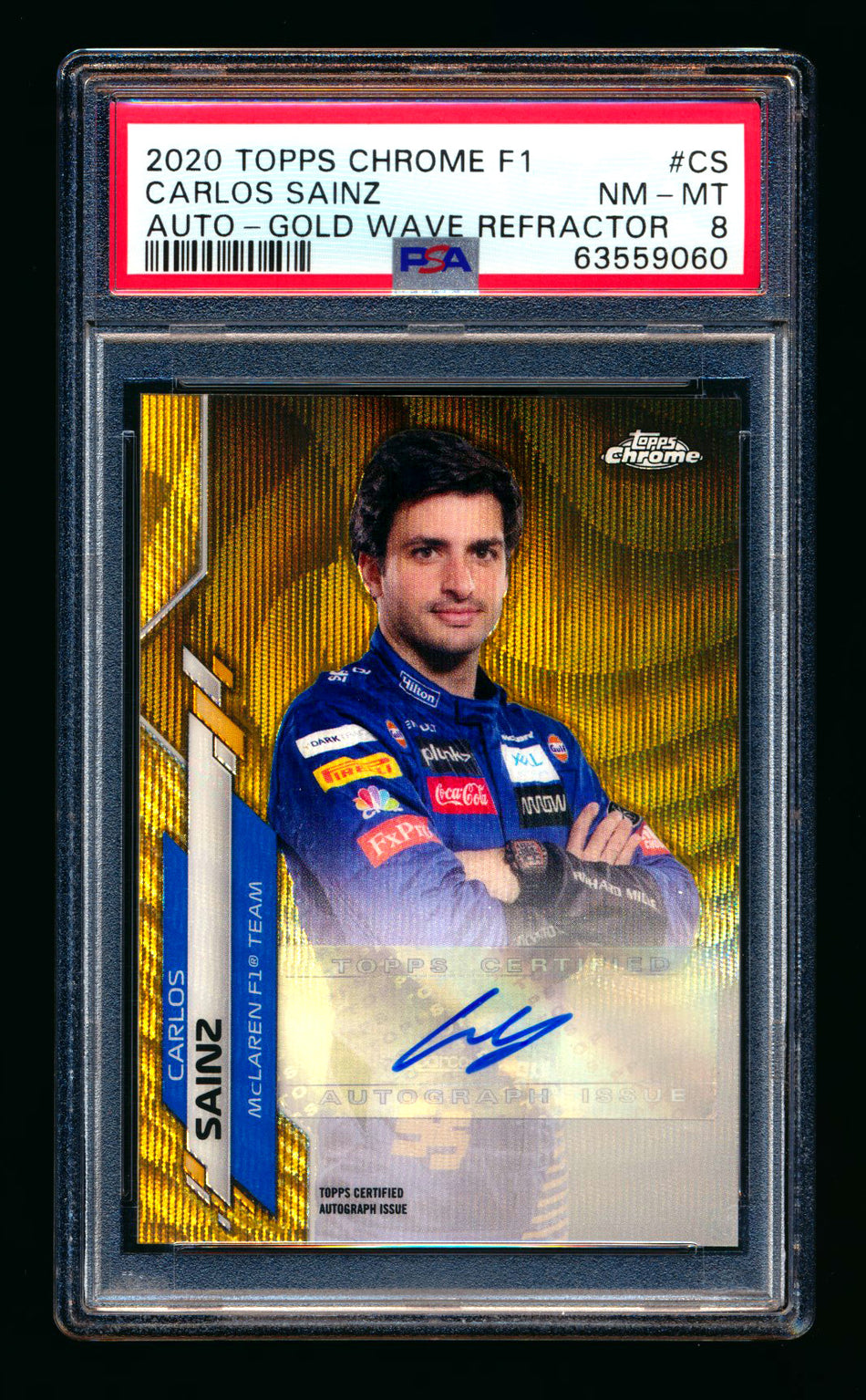 2020 Topps Chrome F1 #F1A-CS Carlos Sainz RC Gold Wave Refractor Autograph #31/50 PSA 8