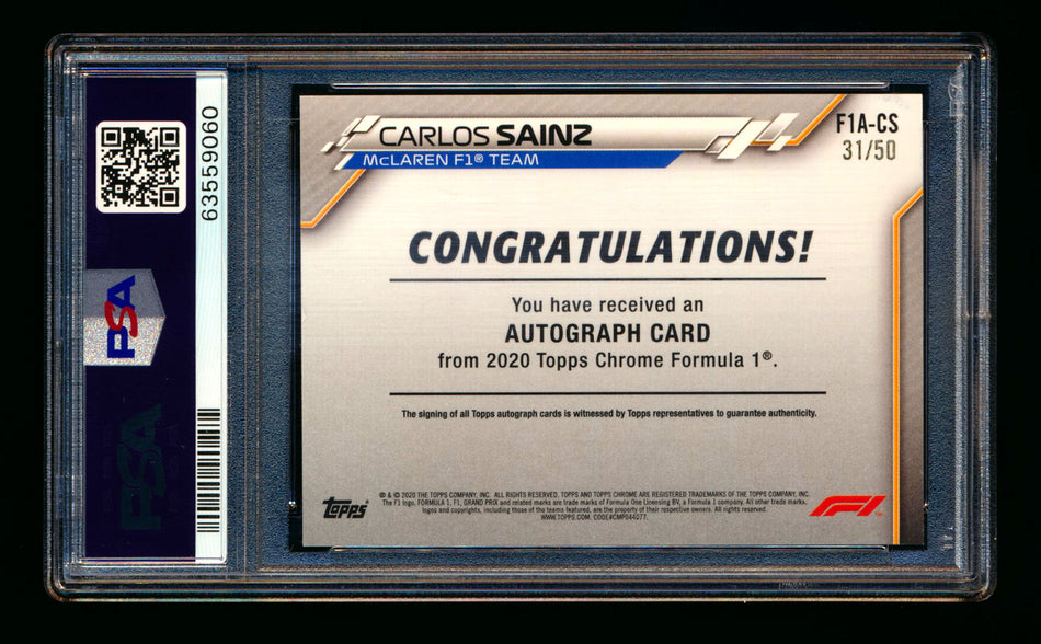 2020 Topps Chrome F1 #F1A-CS Carlos Sainz RC Gold Wave Refractor Autograph #31/50 PSA 8