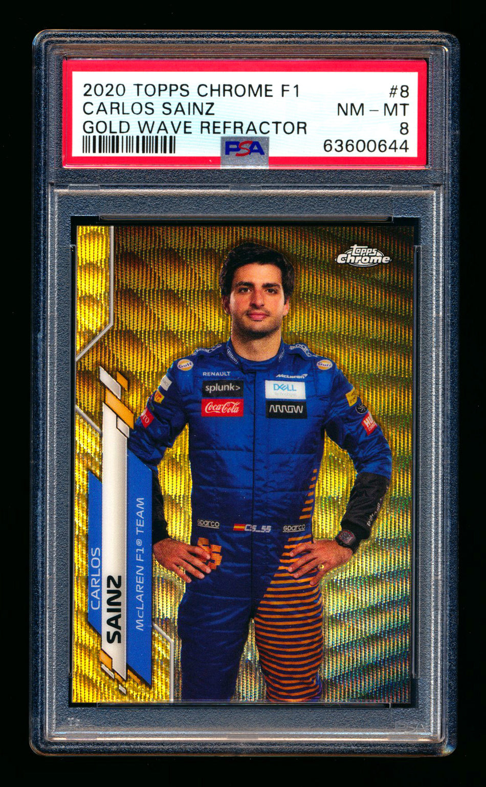 2020 Topps Chrome F1 #8 Carlos Sainz RC Gold Wave Refractor Portrait #17/50 PSA 8