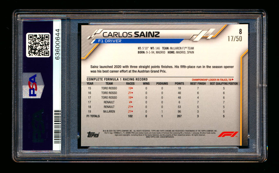 2020 Topps Chrome F1 #8 Carlos Sainz RC Gold Wave Refractor Portrait #17/50 PSA 8