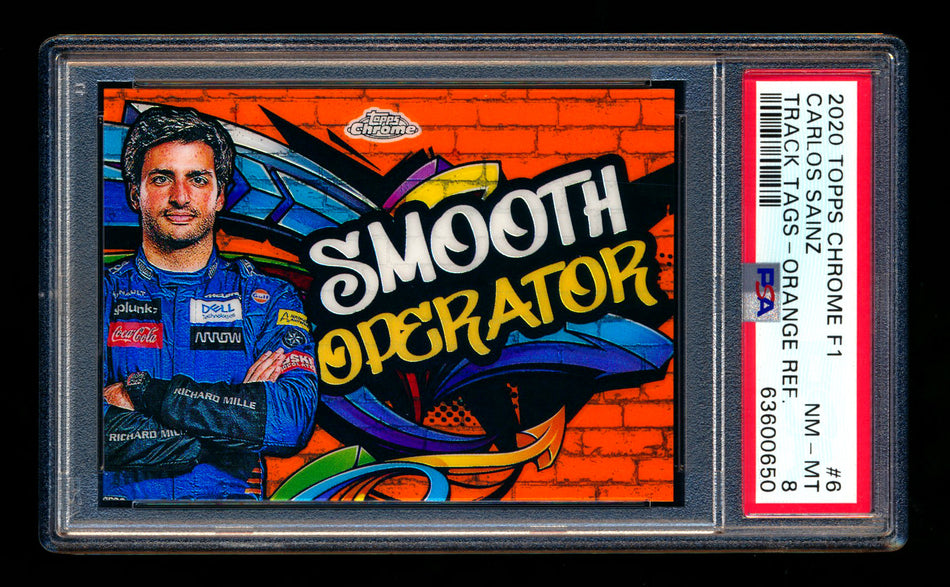 2020 Topps Chrome F1 Track Tags #TT-6 Carlos "Smooth Operator" Sainz RC Orange Refractor #18/25 PSA 8 ** (SOLD - $795.00 - 2/28/2025) **