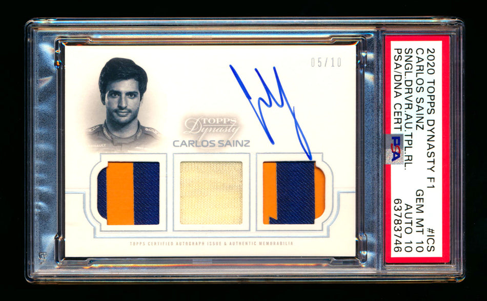 2020 Topps Dynasty F1 #TRA-ICS Carlos Sainz ROOKIE Triple Patch Autograph #05/10 PSA 10 Gem Mint DNA 10 ** (SOLD eBay - $1,200.00 - 3/13/2025) **