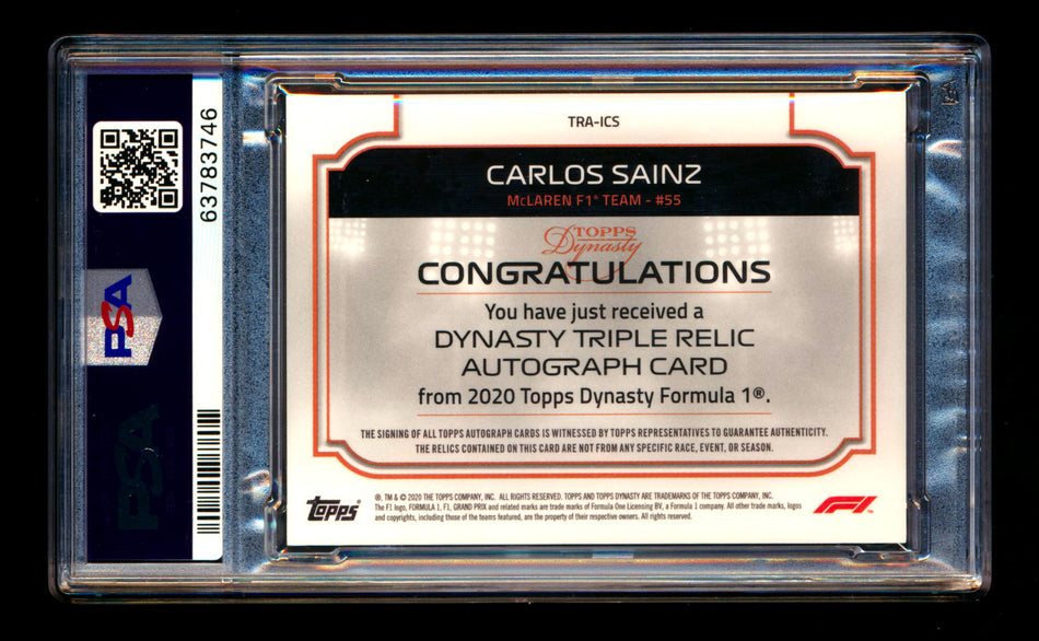2020 Topps Dynasty F1 #TRA-ICS Carlos Sainz ROOKIE Triple Patch Autograph #05/10 PSA 10 Gem Mint DNA 10 ** (SOLD eBay - $1,200.00 - 3/13/2025) **