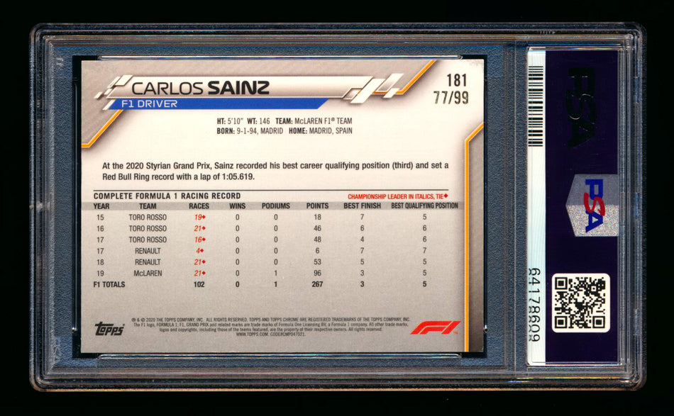 2020 Topps Chrome Sapphire F1 #181 Carlos Sainz RC Aqua Refractor #77/99 PSA 9