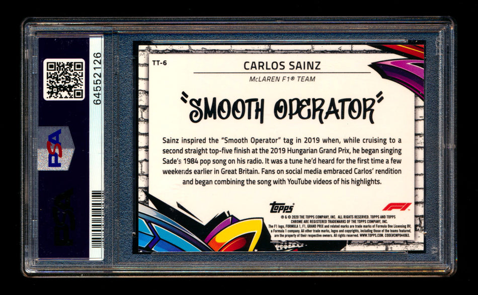 2020 Topps Chrome F1 Track Tags #TT-6 Carlos "Smooth Operator" Sainz RC Refractor PSA 9