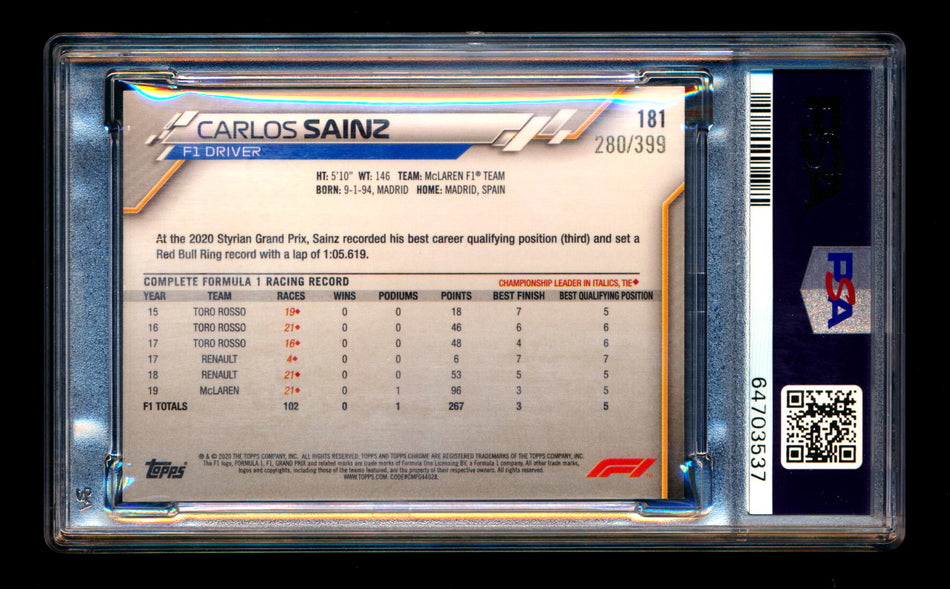 2020 Topps Chrome F1 #181 Carlos Sainz RC Purple Refractor #280/399 PSA 10