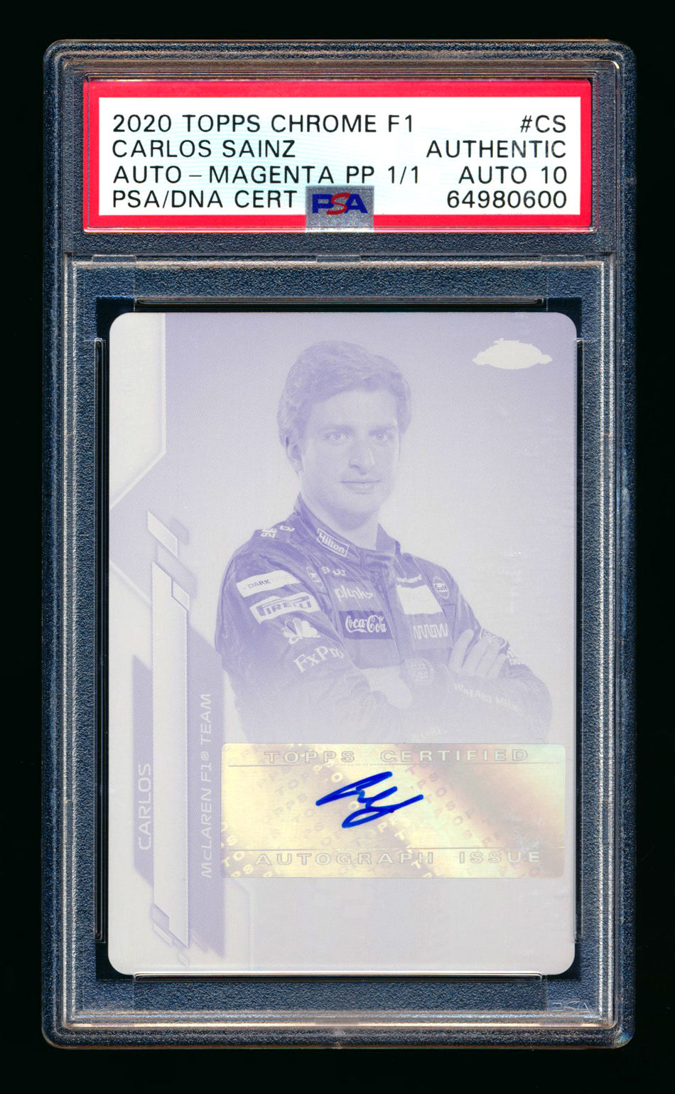 2020 Topps Chrome F1 #F1A-CS Carlos Sainz RC Magenta Printing Plate Autograph #1/1 PSA Authentic DNA 10