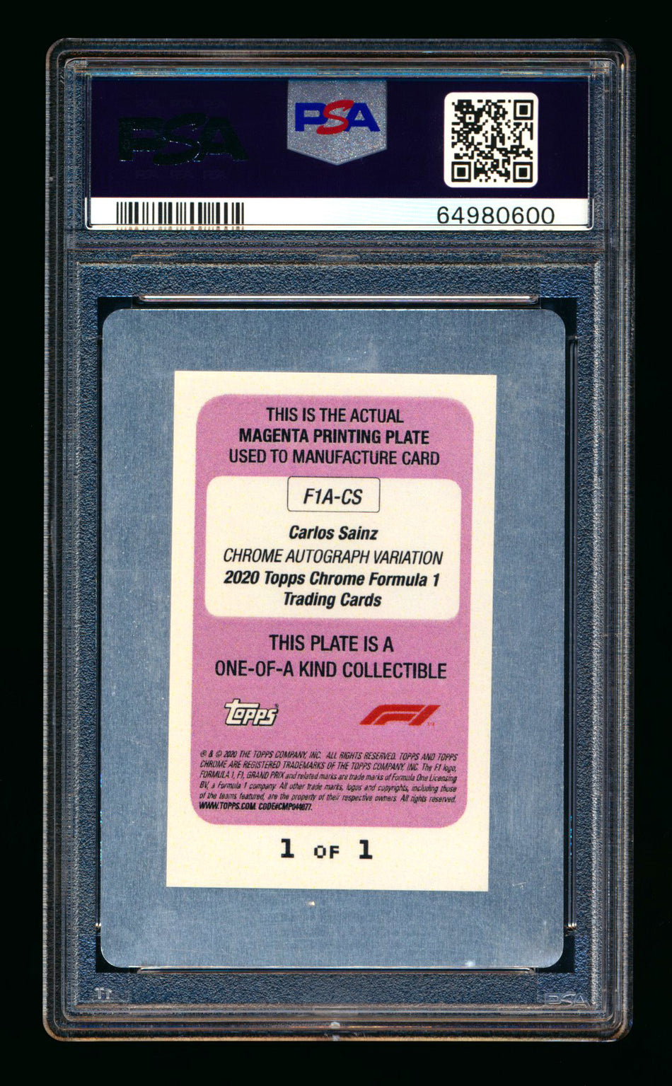 2020 Topps Chrome F1 #F1A-CS Carlos Sainz RC Magenta Printing Plate Autograph #1/1 PSA Authentic DNA 10