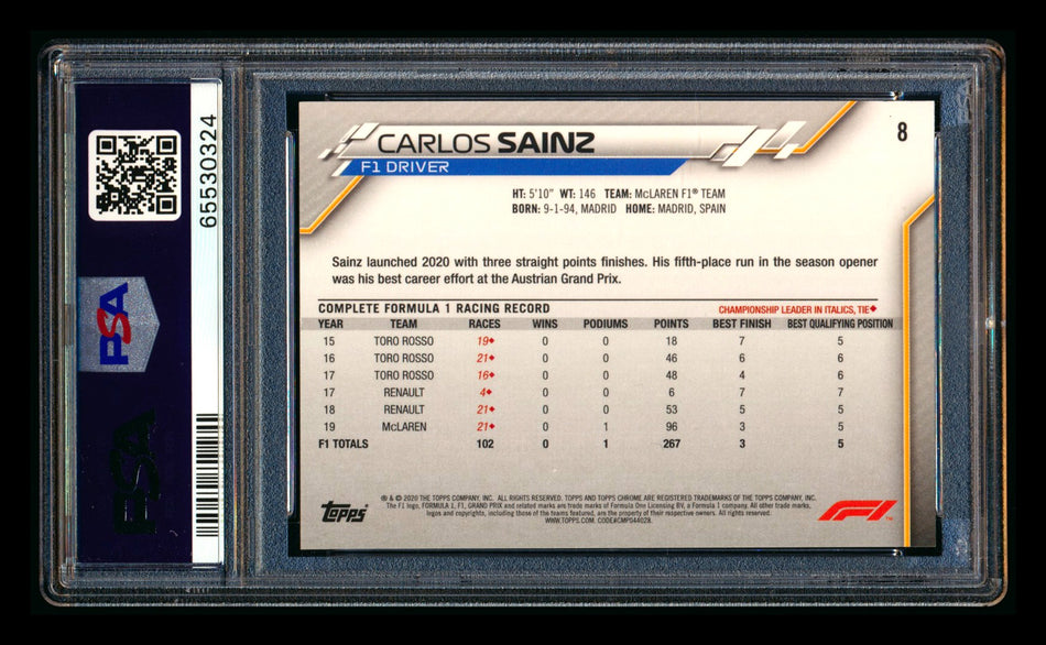 2020 Topps Chrome F1 #8 Carlos Sainz RC 70th Anniversary Orange Refractor Portrait PSA 9 ** (SOLD eBay - $195.00 - 6/14/2026) **