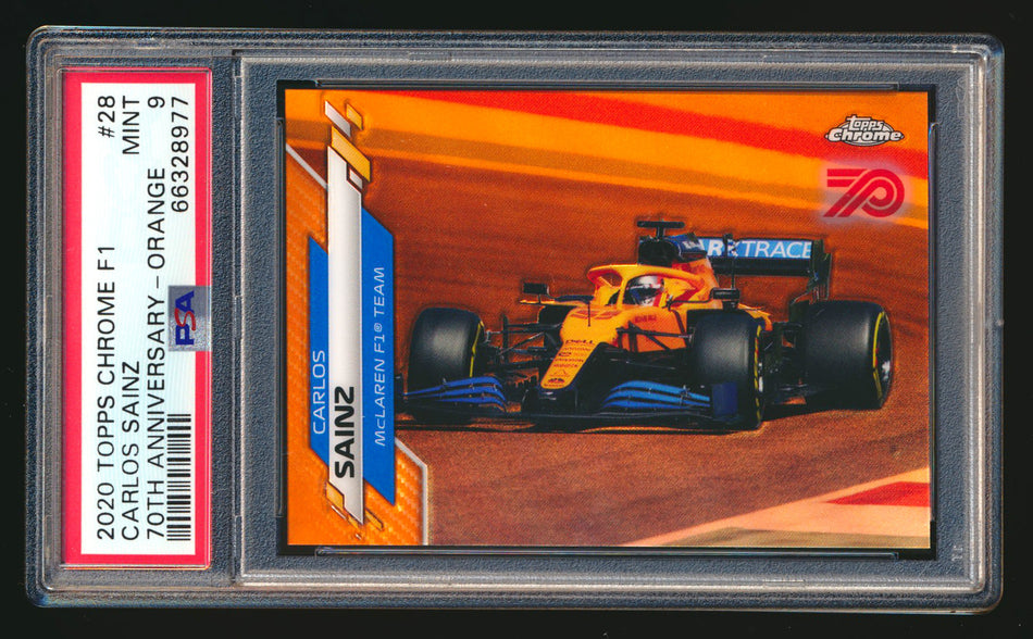 2020 Topps Chrome F1 #28 Carlos Sainz RC 70th Anniversary Orange Refractor PSA 9