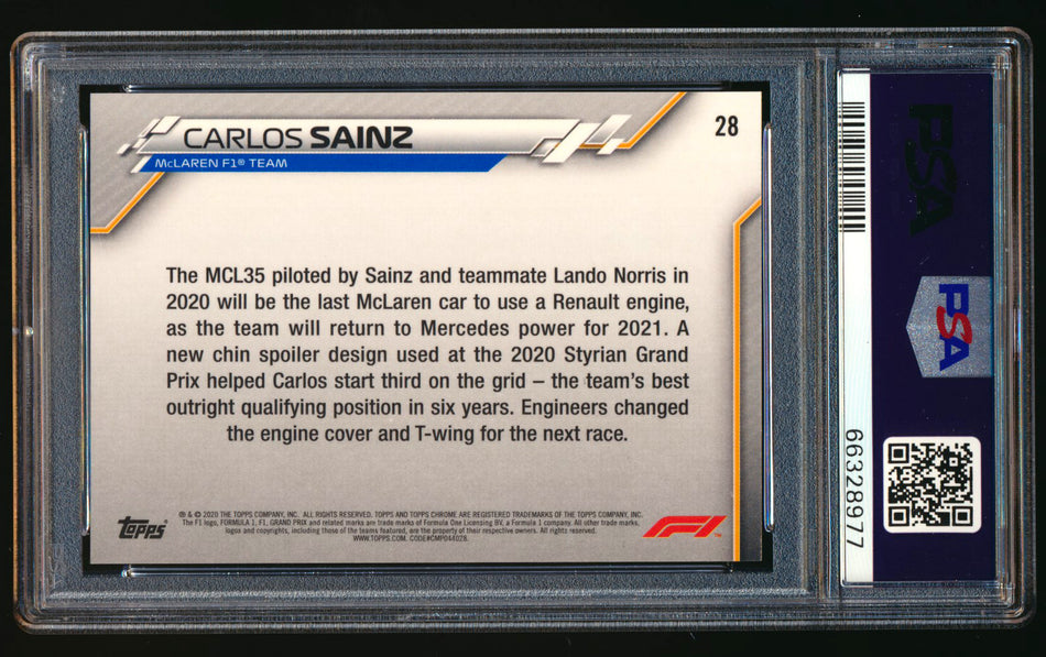 2020 Topps Chrome F1 #28 Carlos Sainz RC 70th Anniversary Orange Refractor PSA 9