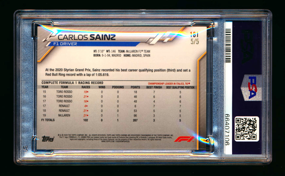 2020 Topps Chrome F1 #181 Carlos Sainz RC Red Refractor #5/5 PSA 8 (Ultimate Wishlist - Wish Granted!) ** (SOLD - $450.00 - 11/20/2024) **