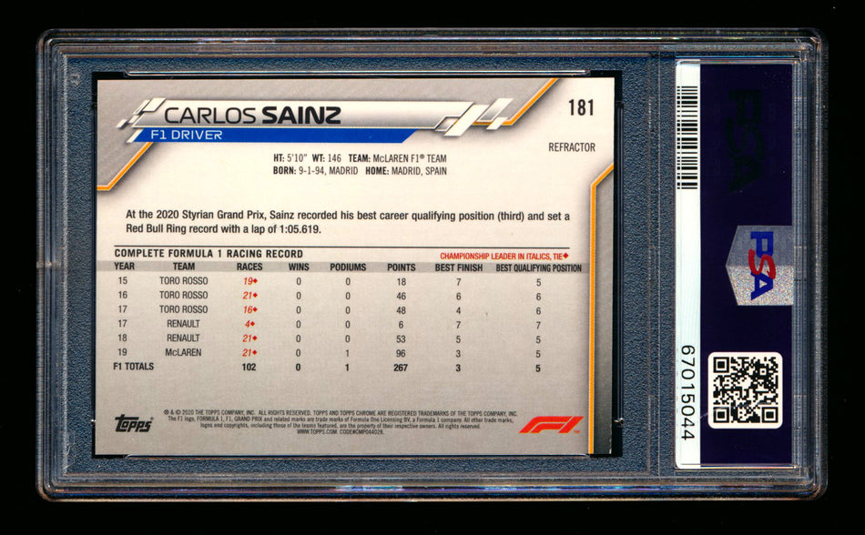 2020 Topps Chrome F1 #181 Carlos Sainz RC Refractor PSA 9 ** (SOLD eBay - $35.00 - 5/6/2026) **