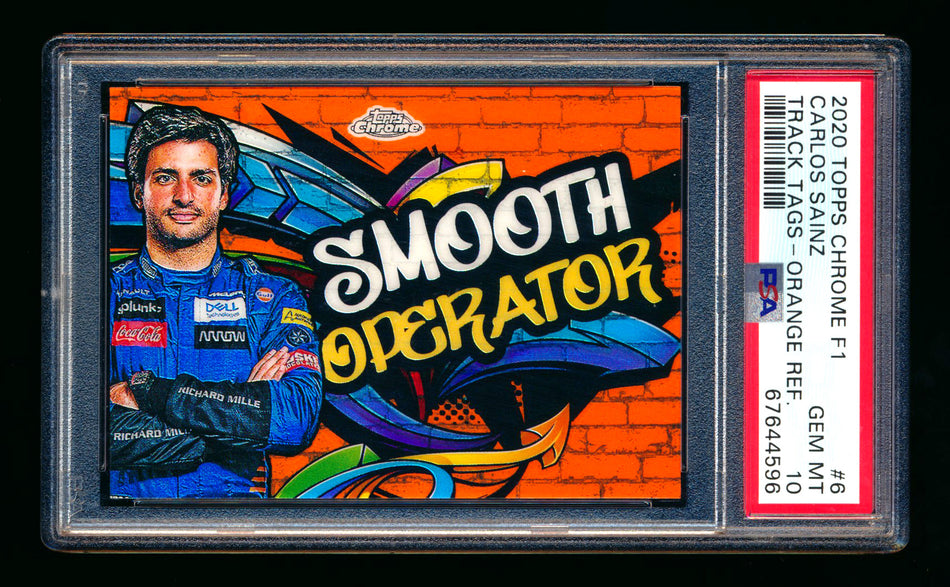 2020 Topps Chrome F1 Track Tags #TT-6 Carlos "Smooth Operator" Sainz RC Orange Refractor #10/25 PSA 10