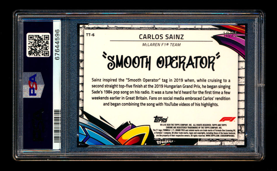 2020 Topps Chrome F1 Track Tags #TT-6 Carlos "Smooth Operator" Sainz RC Orange Refractor #10/25 PSA 10