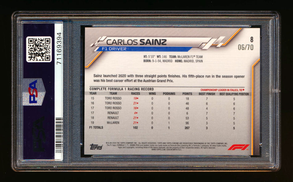 2020 Topps Chrome Sapphire F1 #8 Carlos Sainz RC 70th Silver Refractor Portrait #06/70 PSA 9 ** (SOLD - $149.00 - 10/28/2024) **