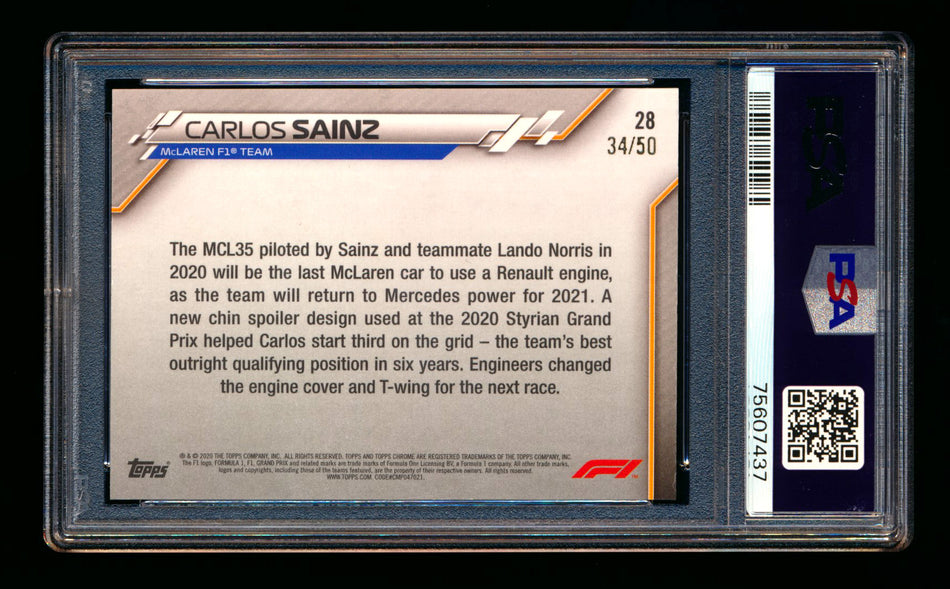 2020 Topps Chrome Sapphire F1 #28 Carlos Sainz RC Gold Refractor #34/50 PSA 9