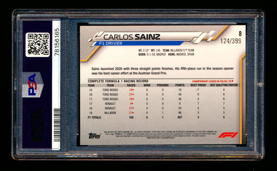 2020 Topps Chrome F1 #8 Carlos Sainz RC Purple Refractor Portrait #124/399 PSA 10