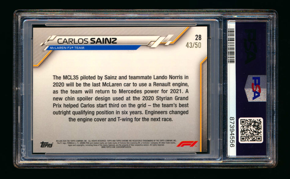 2020 Topps Chrome F1 #28 Carlos Sainz RC Gold Refractor #43/50 PSA 7