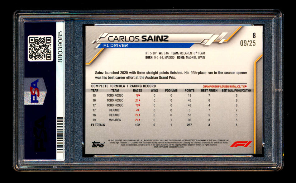 2020 Topps Chrome F1 #8 Carlos Sainz RC Orange Refractor Portrait #09/25 PSA 7