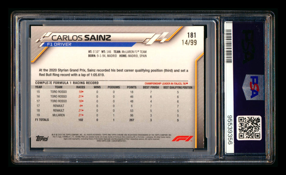 2020 Topps Chrome Sapphire F1 #181 Carlos Sainz RC Aqua Refractor #14/99 PSA 9
