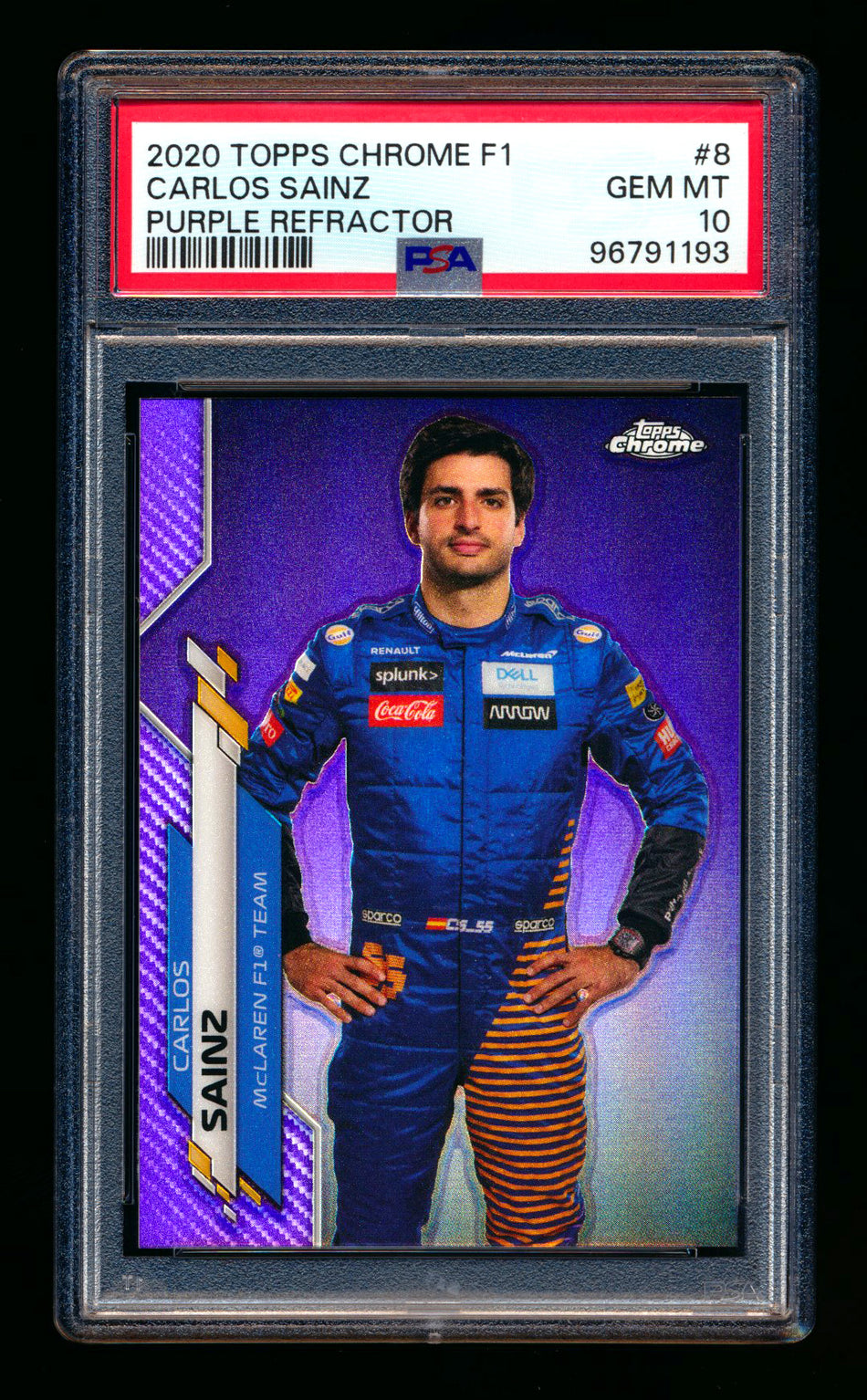 2020 Topps Chrome F1 #8 Carlos Sainz RC Purple Refractor Portrait #019/399 PSA 10