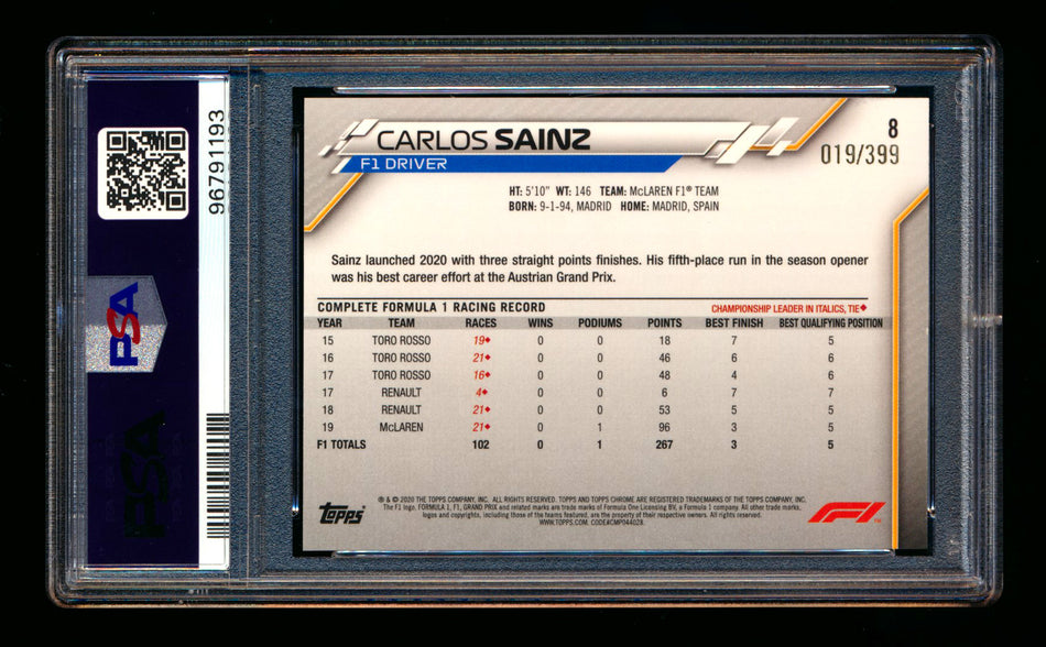 2020 Topps Chrome F1 #8 Carlos Sainz RC Purple Refractor Portrait #019/399 PSA 10