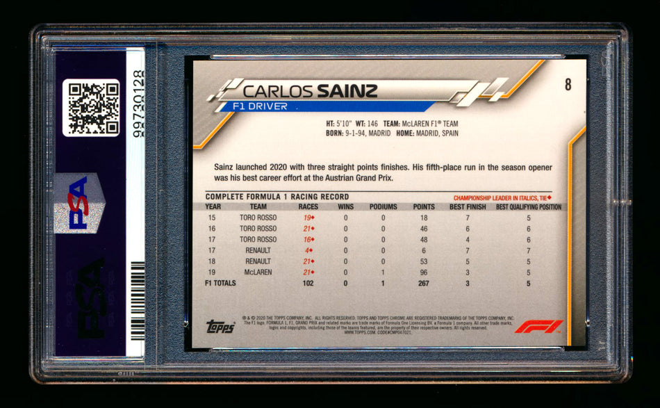 2020 Topps Chrome Sapphire F1 #8 Carlos Sainz RC Refractor Portrait PSA 10 ** (SOLD eBay - $55.00 - 2/17/2025) **