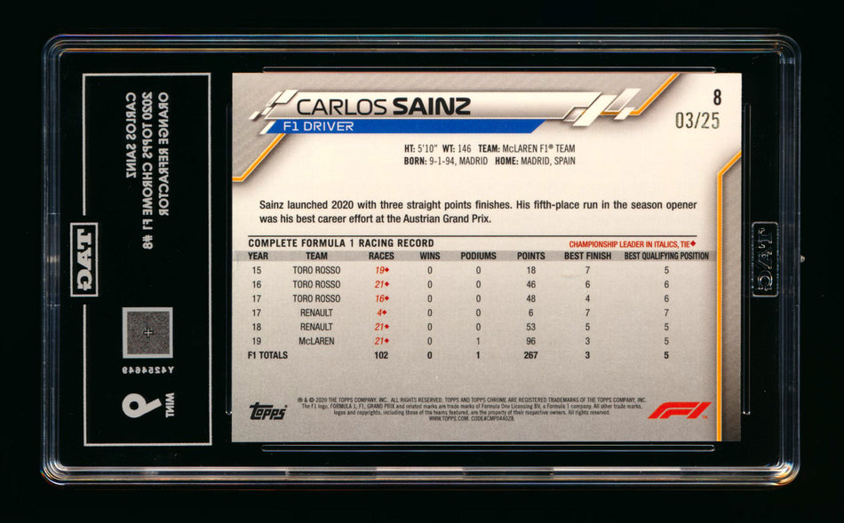 2020 Topps Chrome F1 #8 Carlos Sainz RC Orange Refractor Portrait #03/25 TAG 9 (Ultimate Wishlist - Wish Granted!) ** (SOLD - $350.00 - 11/20/2024) **