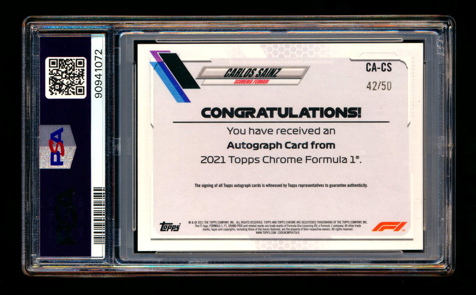 2021 Topps Chrome F1 #CA-CS Carlos Sainz Gold Wave Refractor Autograph #42/50 PSA 10 DNA 10 ** (SOLD - $449.00 - 12/27/2024) **