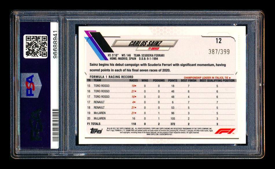 2021 Topps Chrome F1 #12 Carlos Sainz Purple Refractor Portrait #387/399 PSA 10