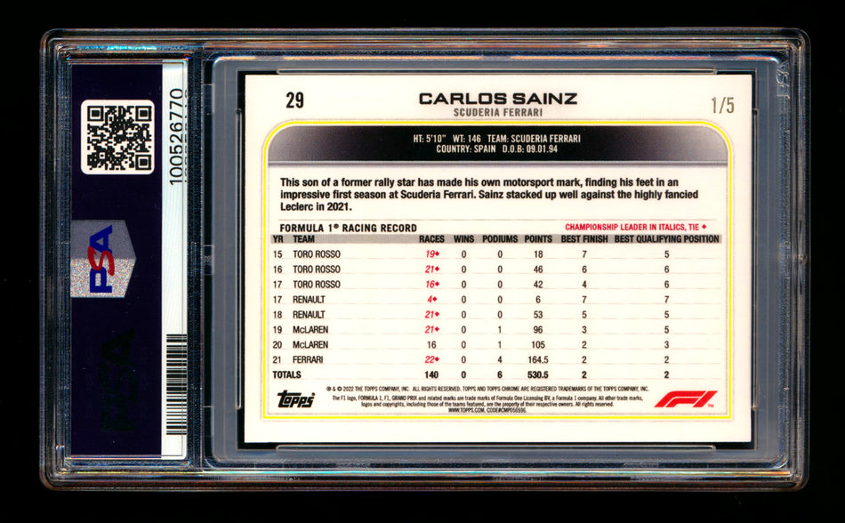 2022 Topps Chrome F1 #29 Carlos Sainz Red Wave Refractor Portrait #1/5 PSA 9 (First #!)