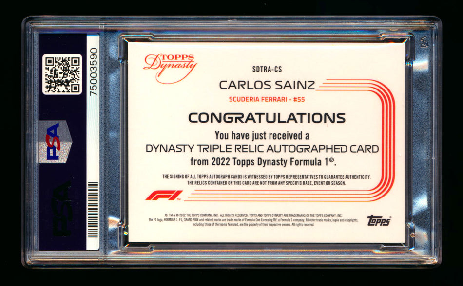2022 Topps Dynasty F1 #SDTRA-CS Carlos Sainz Black Triple Patch Autograph #2/2 PSA 10 Gem Mint DNA 10 ** (SOLD - $700.00 - 11/16/2024) **