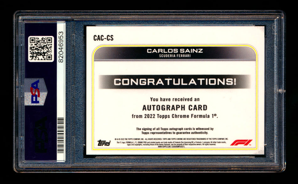 2022 Topps Chrome F1 #CAC-CS Carlos Sainz Refractor Autograph PSA 10 DNA 10 ** (SOLD eBay - $225.00 - 12/29/2024) **