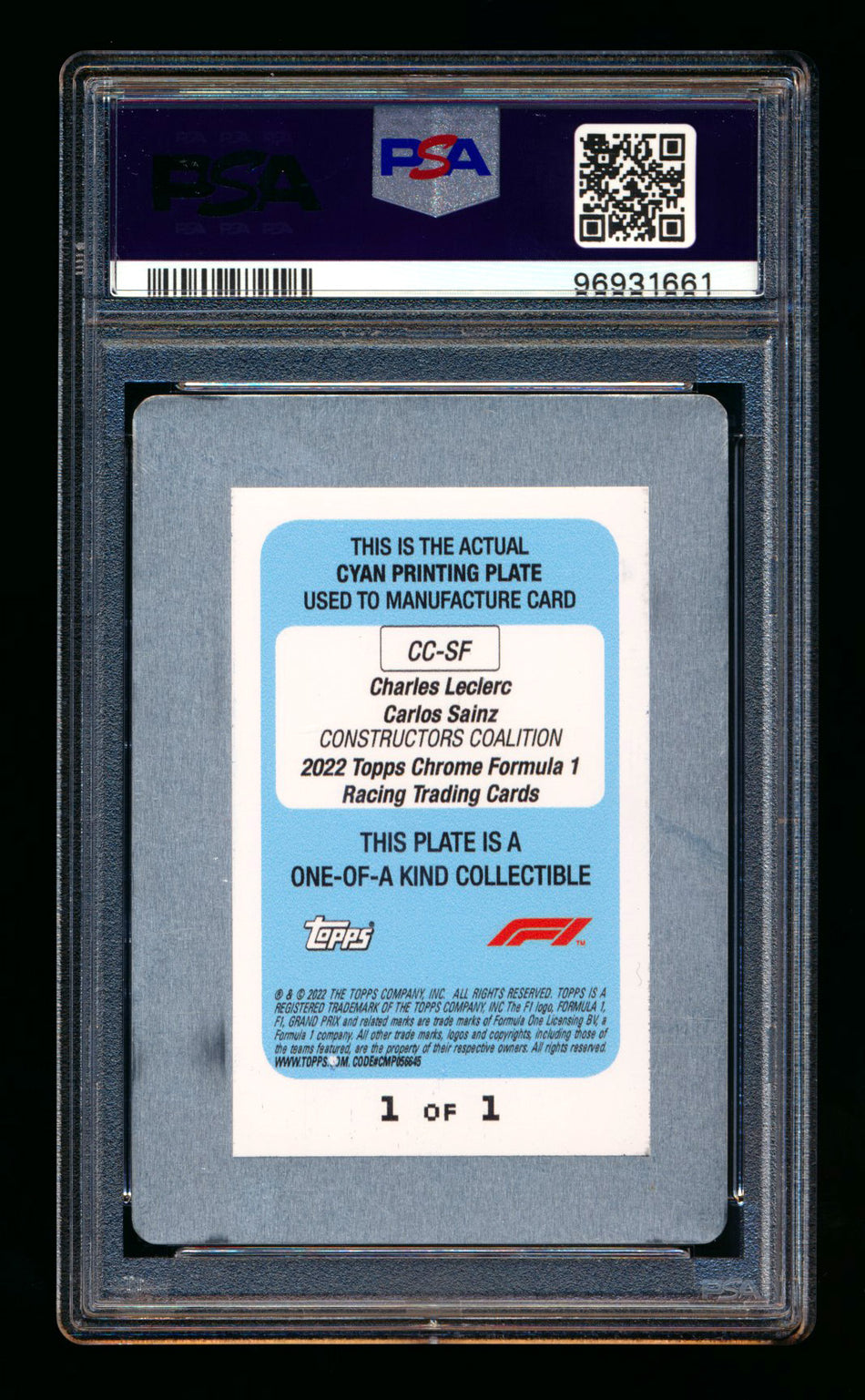 2022 Topps Chrome F1 Constructor Coalition #CC-SF Charles Leclerc/Carlos Sainz Cyan Printing Plate #1/1 PSA Authentic - POP 1! ** (SOLD - $250.00 - 1/8/2025) **