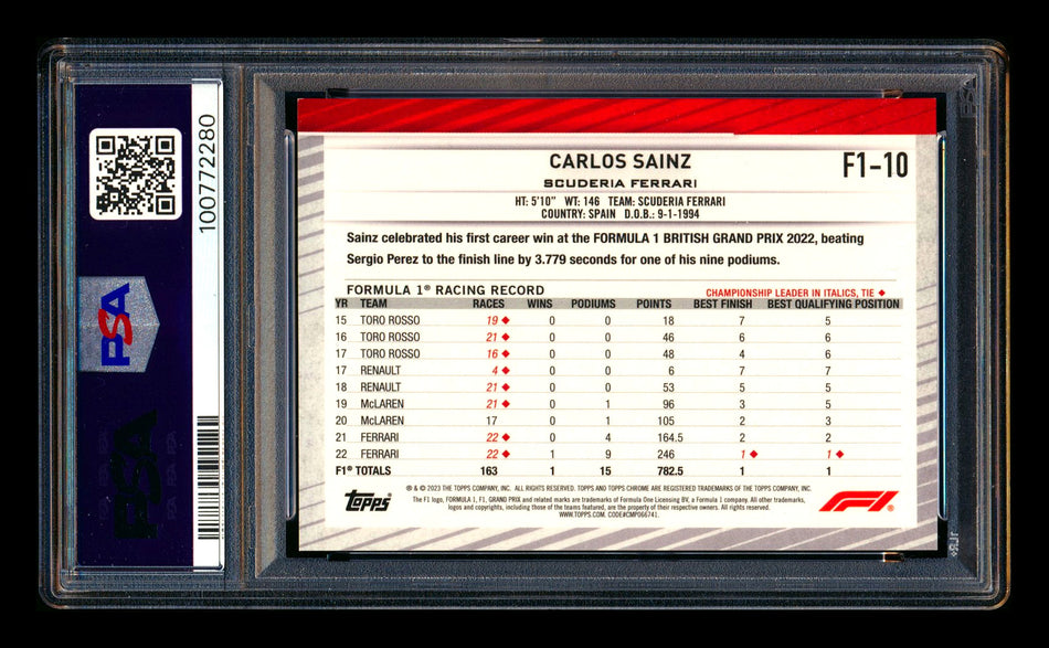 2023 Topps Chrome NSCC F1 #F1-10 Carlos Sainz Red Refractor #1/5 PSA 9 (First #!)