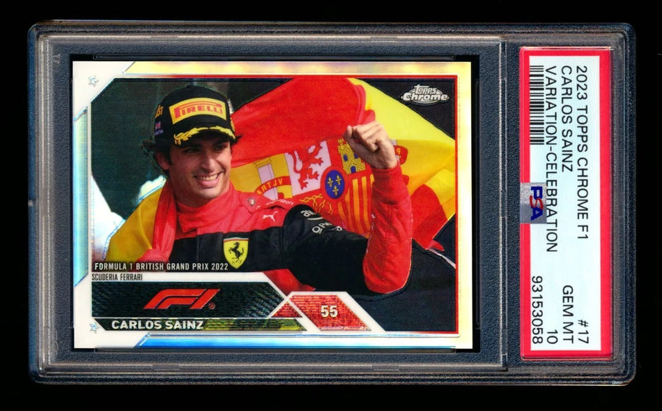 2023 Topps Chrome F1 #17 Carlos Sainz Refractor Image Variation Celebration SP PSA 10