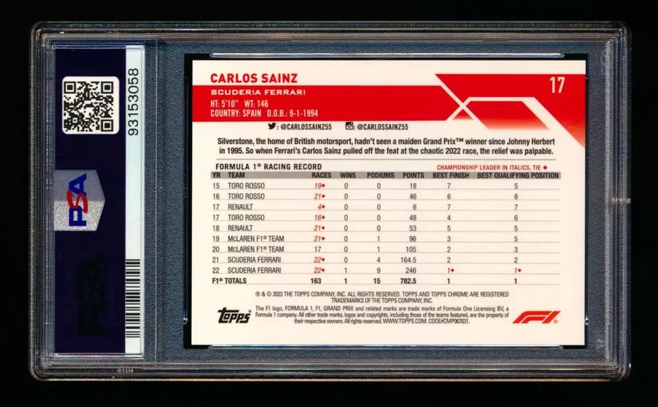 2023 Topps Chrome F1 #17 Carlos Sainz Refractor Image Variation Celebration SP PSA 10