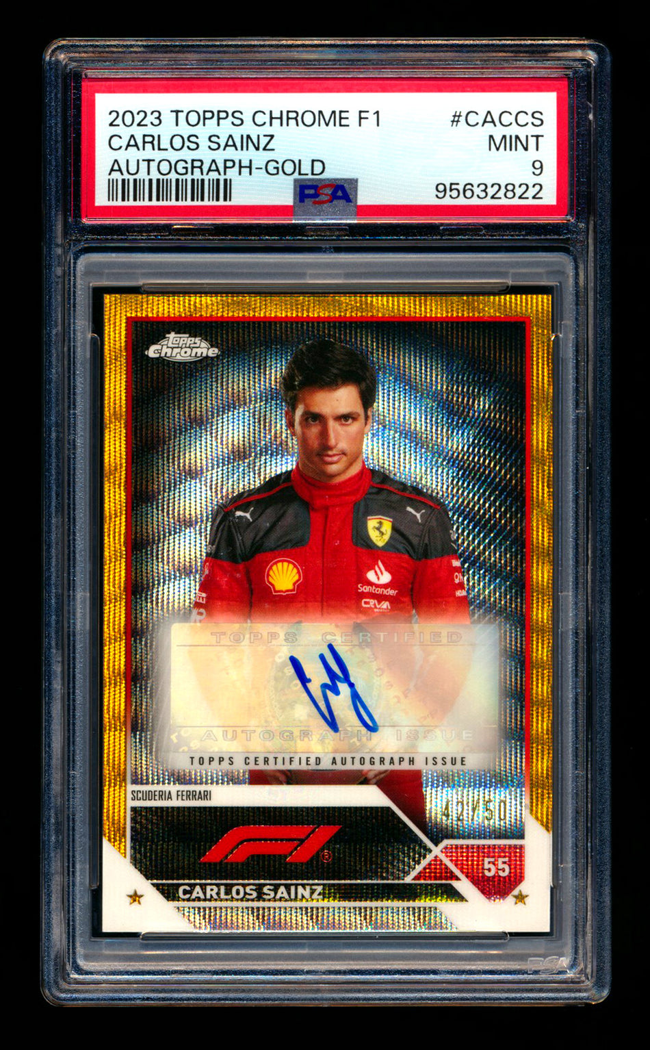 2023 Topps Chrome F1 #CAC-CS Carlos Sainz Gold Wave Refractor Autograph #42/50 PSA 9