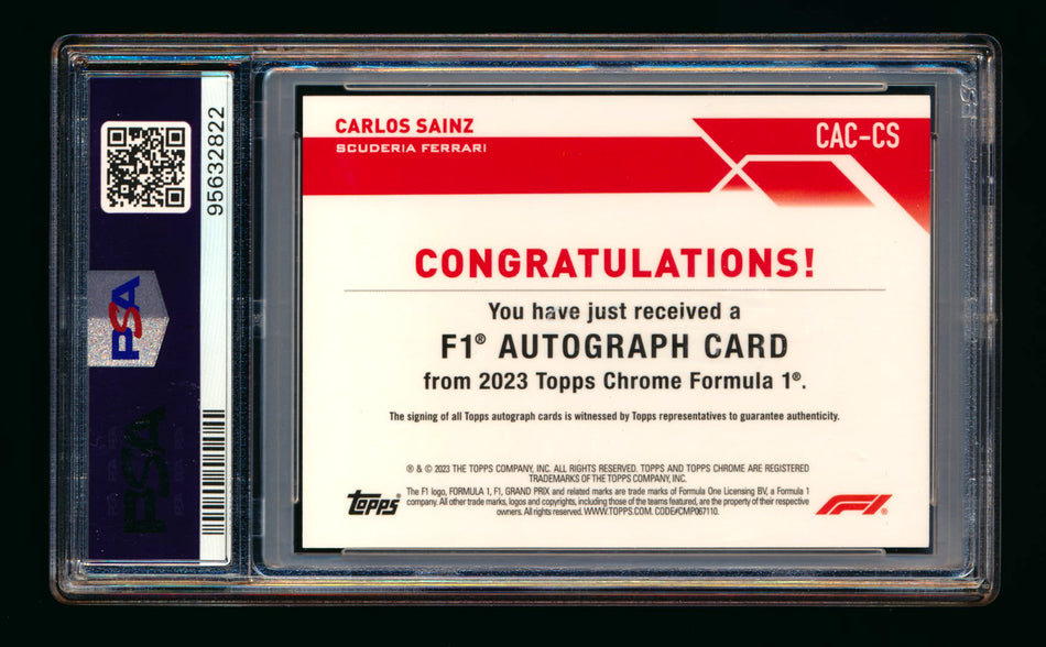 2023 Topps Chrome F1 #CAC-CS Carlos Sainz Gold Wave Refractor Autograph #42/50 PSA 9