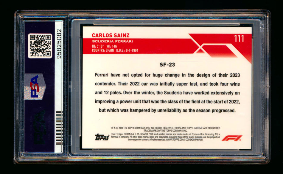 2023 Topps Chrome Sapphire F1 #111 Carlos Sainz Padparadscha Refractor #1/1 PSA 9 ** (SOLD - $700.00 - 12/7/2024) **