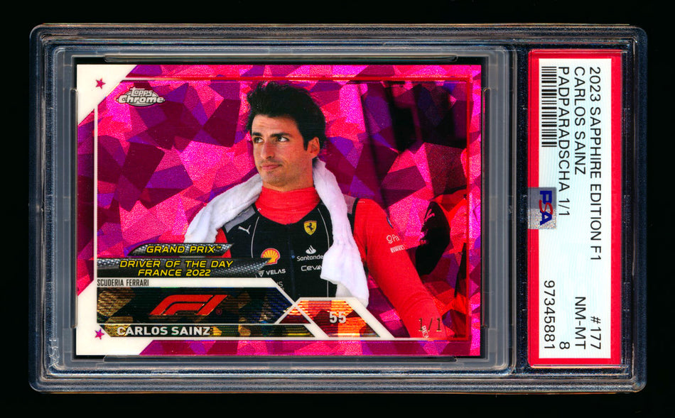 2023 Topps Chrome Sapphire F1 #177 Carlos Sainz Padparadscha Refractor #1/1 PSA 8 ** (SOLD - $880.00 - 12/21/2024) **