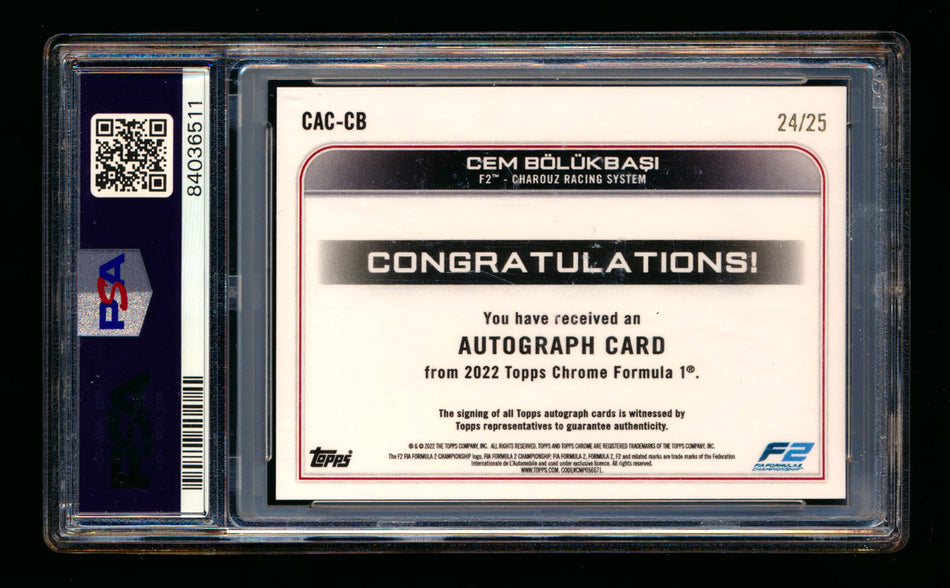 2022 Topps Chrome F1 #CAC-CB Cem Bolukbasi RC Orange Refractor Autograph #24/25 PSA 9 DNA 10