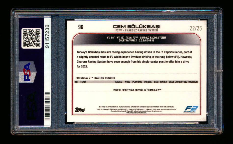 2022 Topps Chrome F1 #96 Cem Bolukbasi RC Orange Refractor #22/25 PSA 9